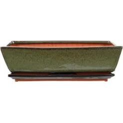 Bonsaischale Mit Untersetzer 33.5x20.5x8.5cm Grün Rechteckig Glasiert